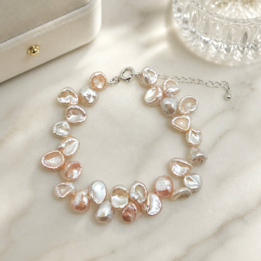 Keshi freshwater pearl sterling silver bracelet — marble hero