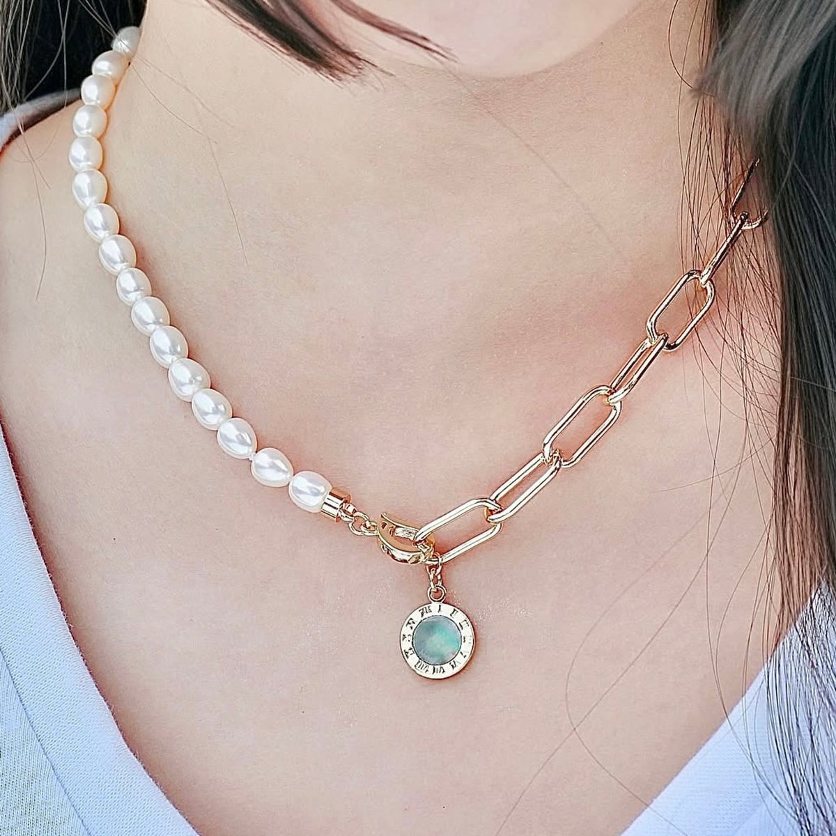 Freshwater Pearl and Abalone Shell Pendant with Gold Plated Chain — 01