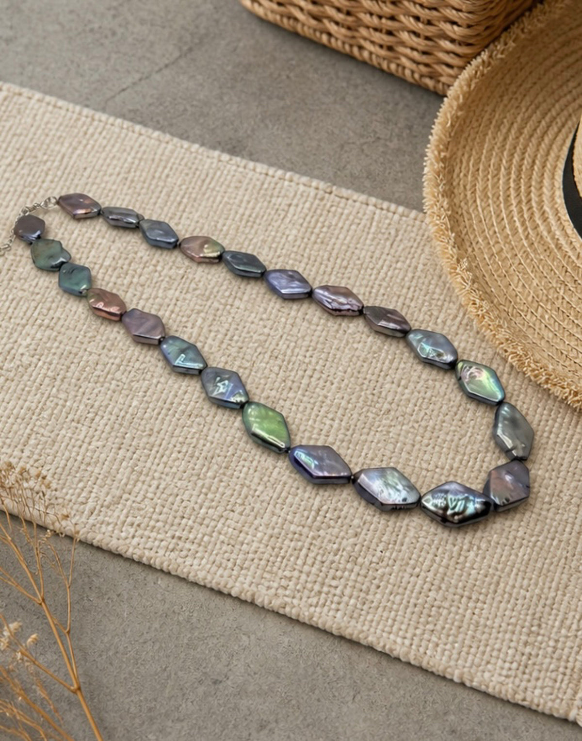 Apex navy rhombus baroque pearl necklace — lifestyle flatlay