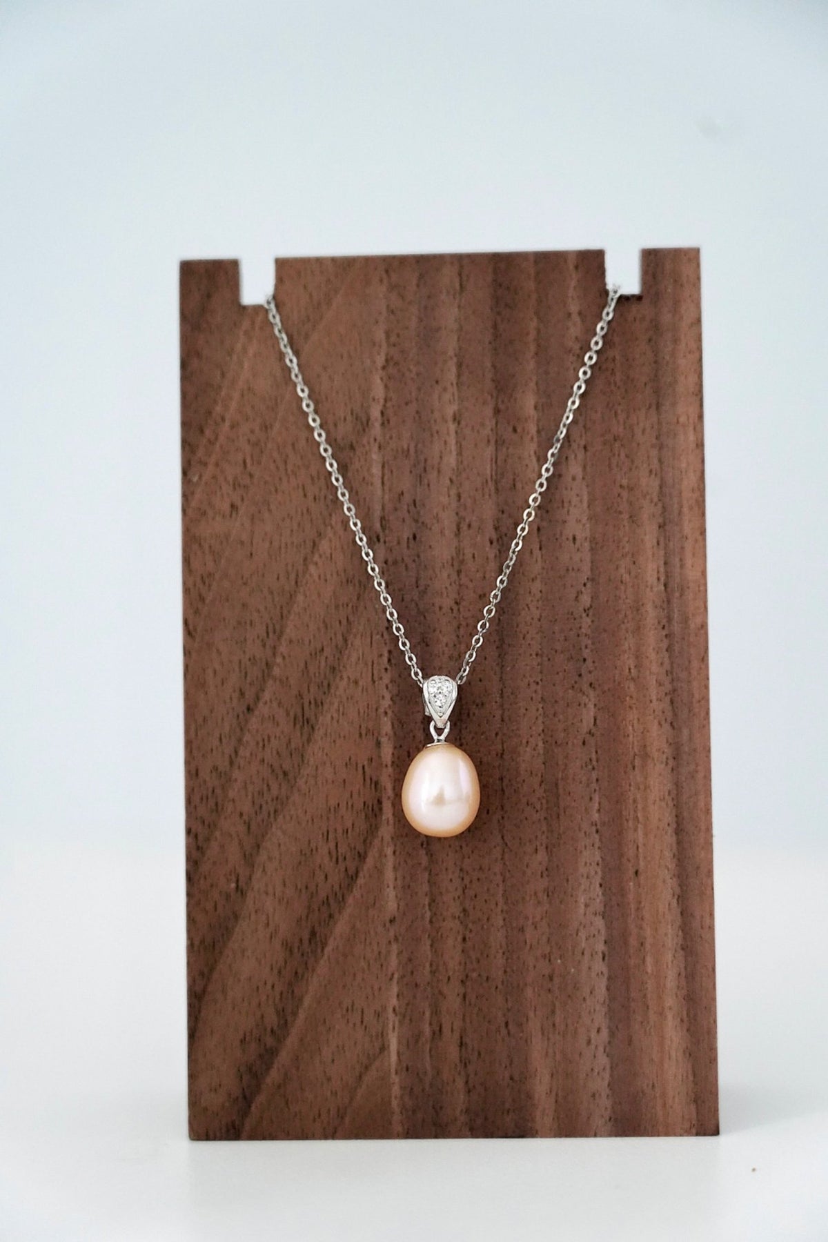 9mm Oval Freshwater Pearl & CZ Pendant Necklace Thoughtful Gift — 04