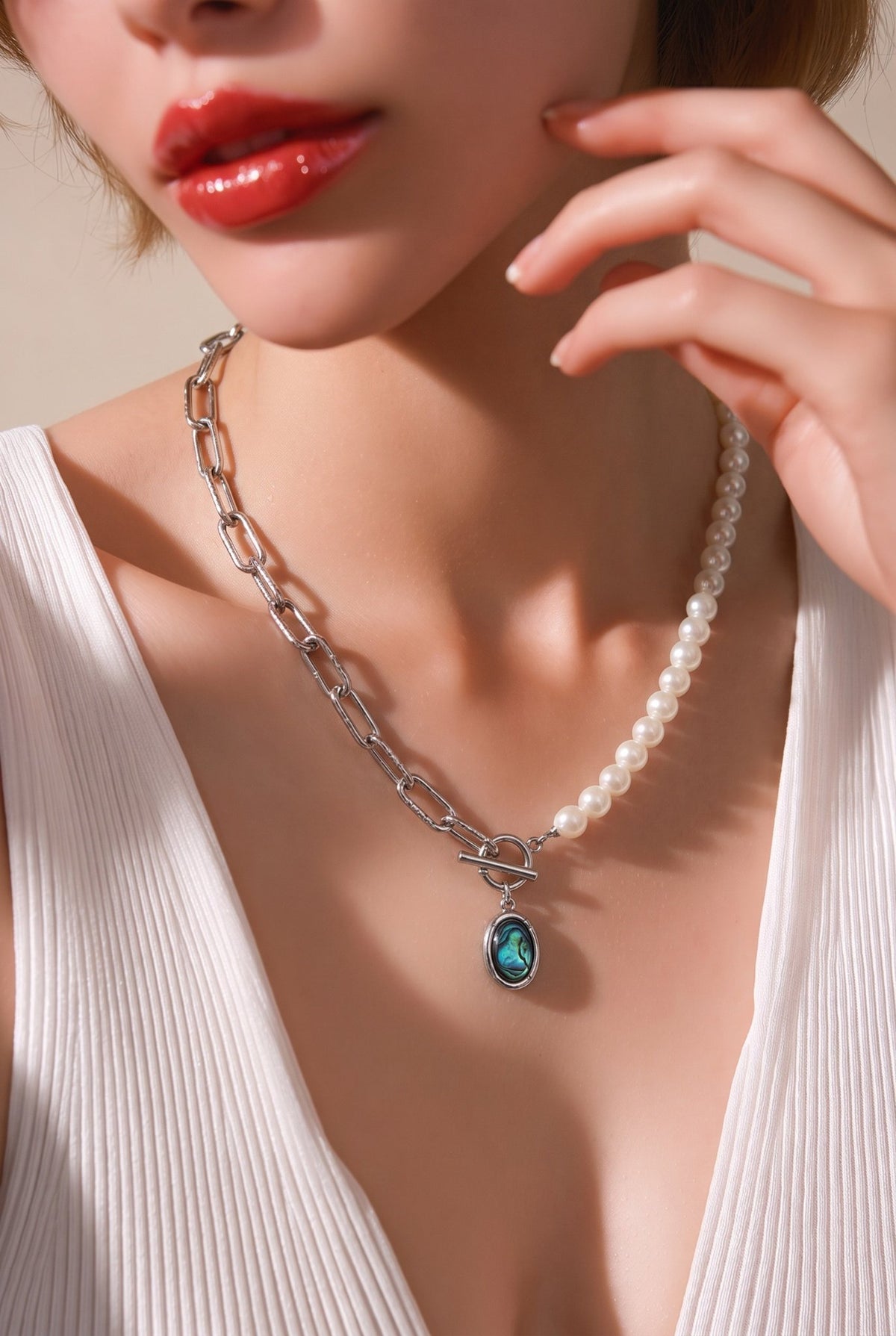 Freshwater Pearl and Abalone Shell Pendant with Gold Plated Chain — 09