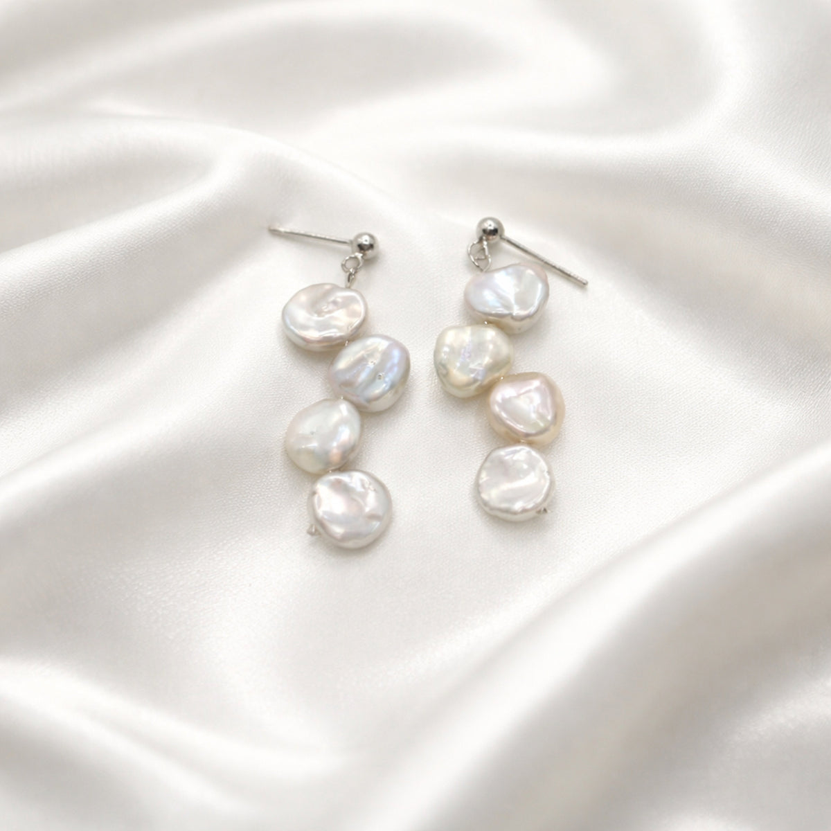 Keshi freshwater pearl sterling silver earrings — satin close pair